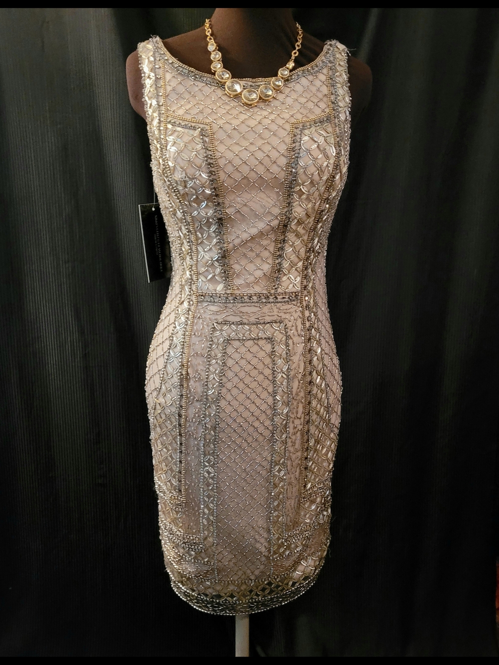 Sz 4 Terani Couture Nude and Gold Beaded Midi Dress